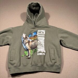 Yellowstone National Park Kids Olive Green Hoodie with Wolf Graphic medium